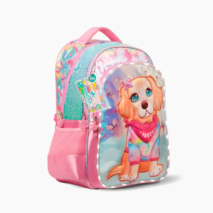 Mochila Escolar Footy 2026 Doggie Love Rosa Rosa con Led y Carro 18" Art.F26423